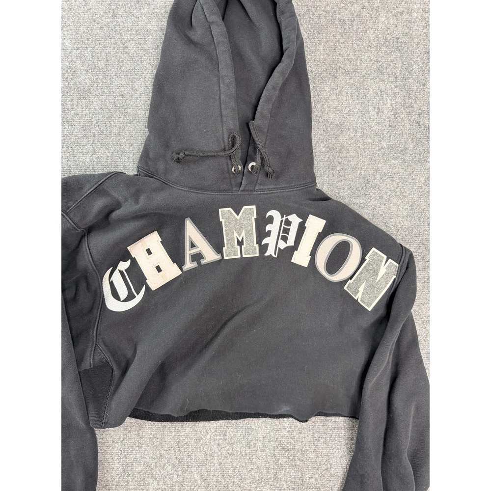 Champion Reverse Weave Womens Hoodie Large Black Cropped Raw Hem Sweatshirt